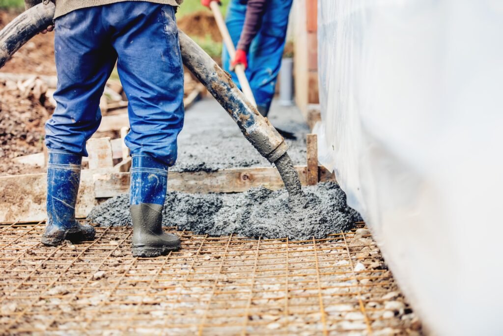 Constuction details - worker laying cement or concrete with automatic pump