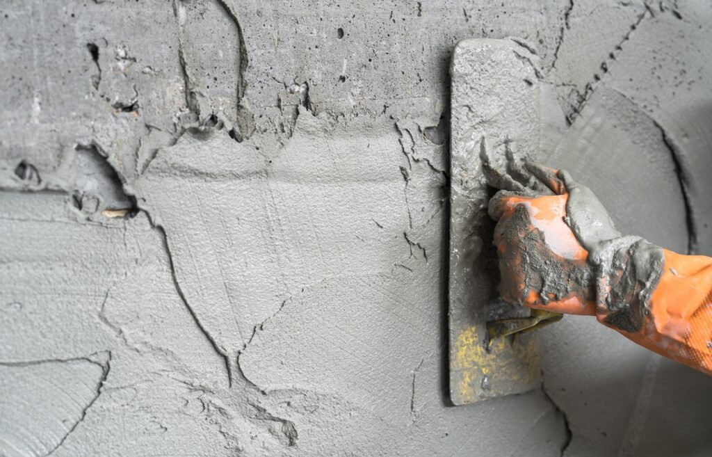 Hand worker plastering cement wall background, grey concrete stucco well free space for text