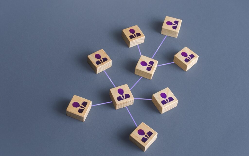 People connected by a network business structure. Interaction between employees or community members