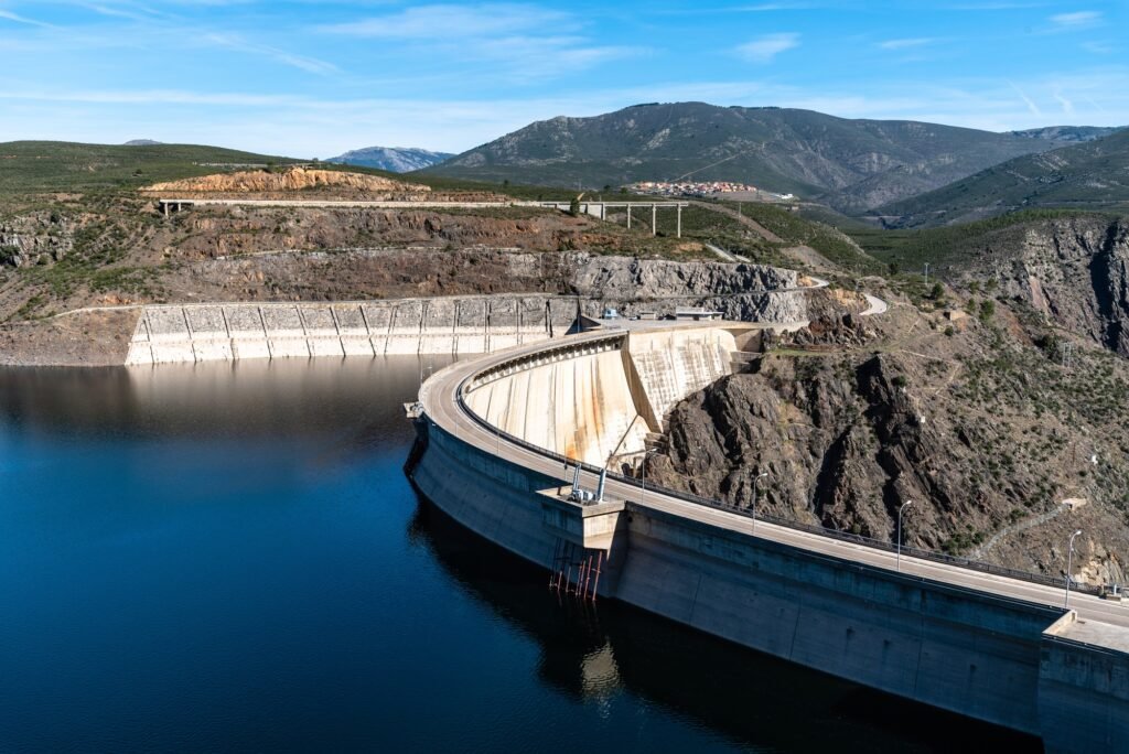 The Atazar reservoir and dam in the mountain range of Madrid