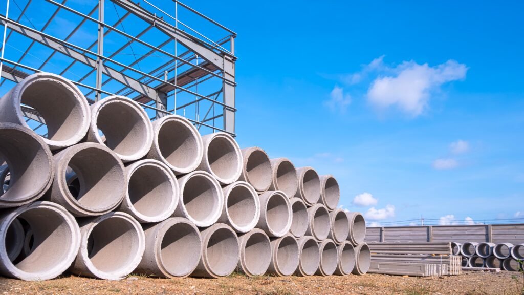 Stack of concrete drainage pipes in front of industrial building construction site with blue sky