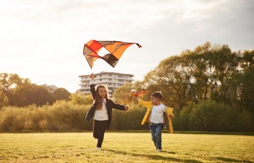 İki çocuk yaz tarlasında uçurtma uçuruyor